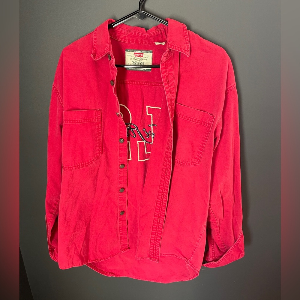 VINTAGE Levi’s Strauss Mens Size Large M Button Up Shirt Red Long Sleeve Cotton